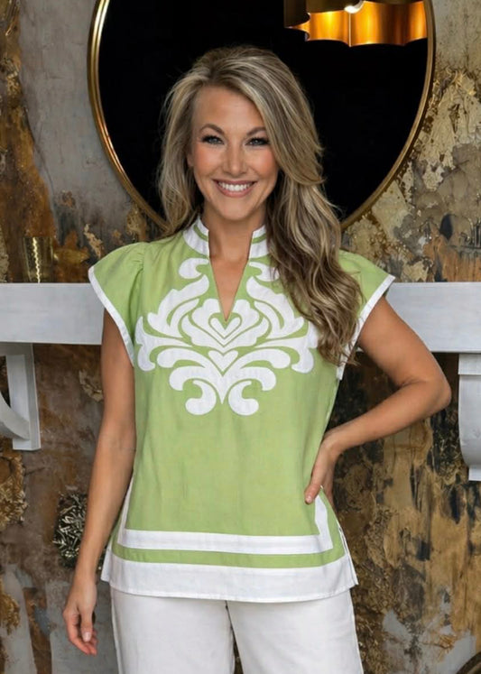 Lime Green Linen V-neck Top