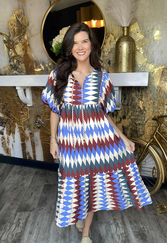 Burgundy Mix Diamond Print Midi Dress