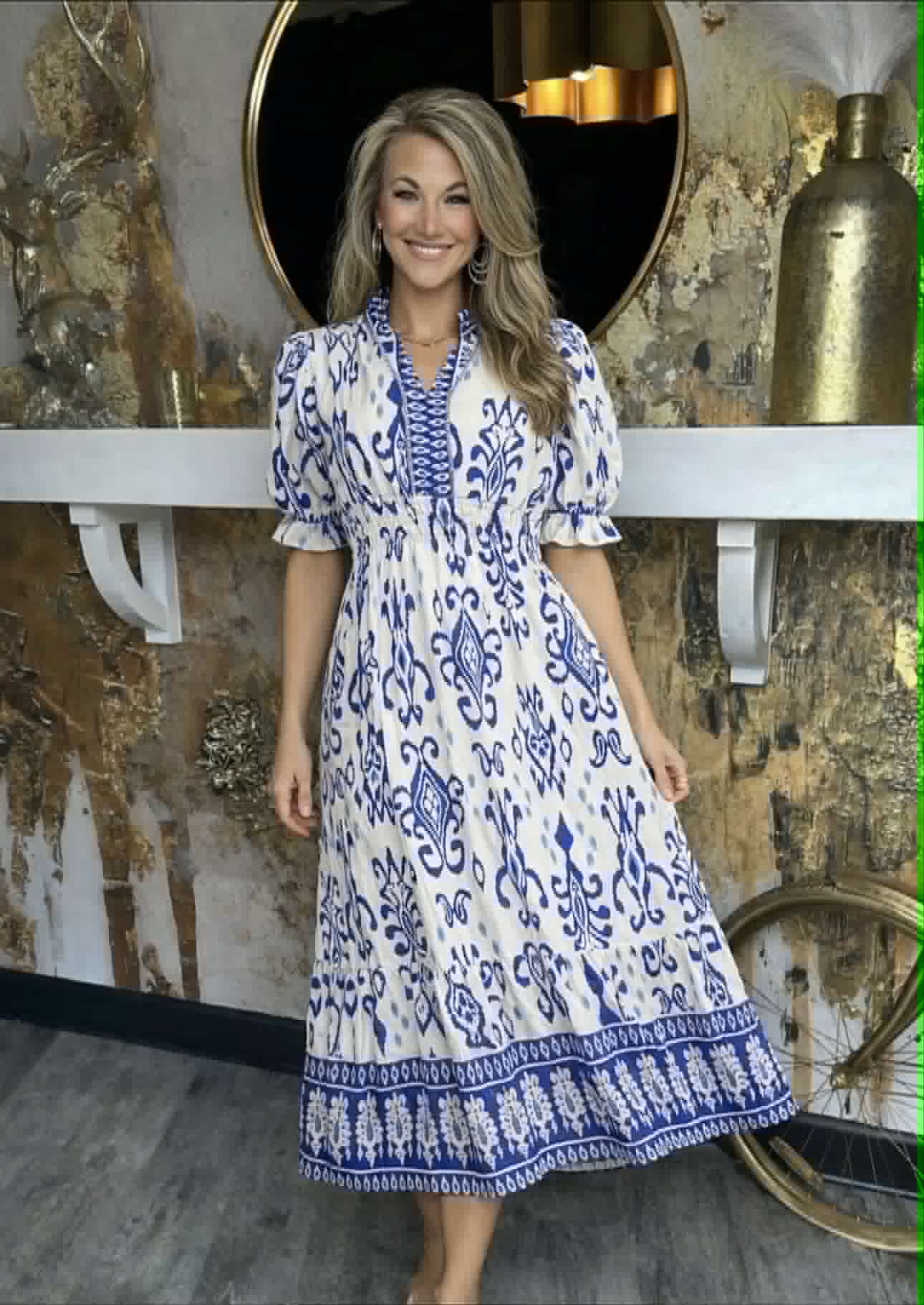 Blue Mix Ikat Print Smocked Waist Midi Dress