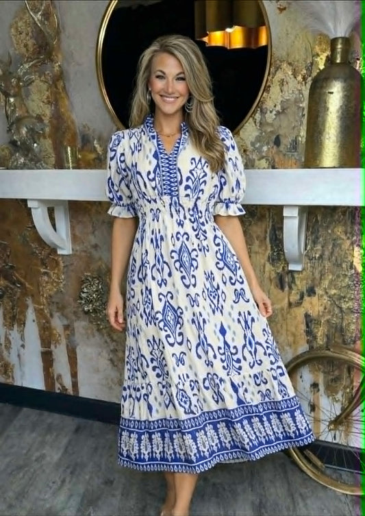 Blue Mix Ikat Print Smocked Waist Midi Dress