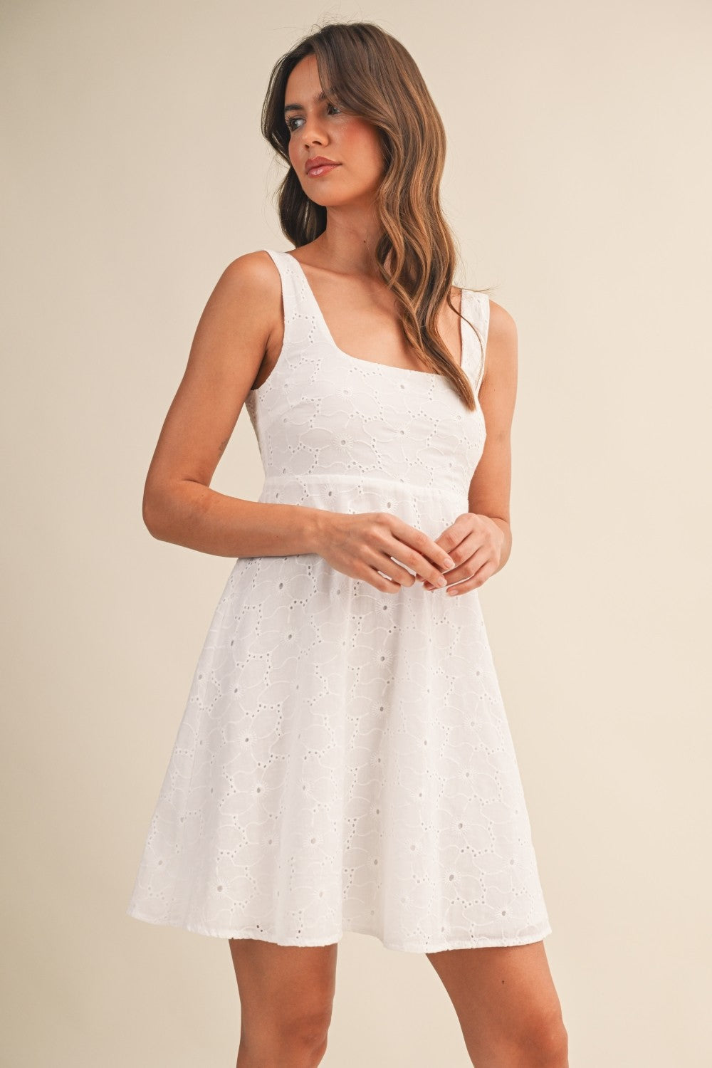White Eyelet Sleeveless Empire Flare Mini Dress