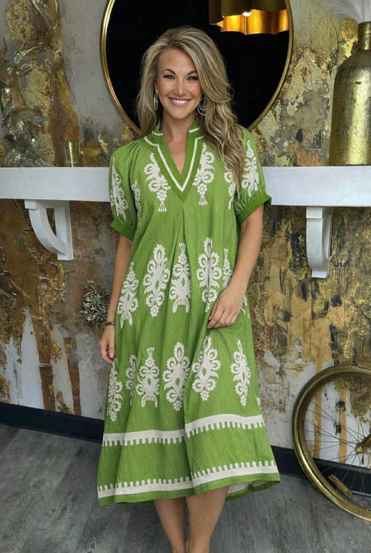 Green Two Tone Border Print Midi Dress