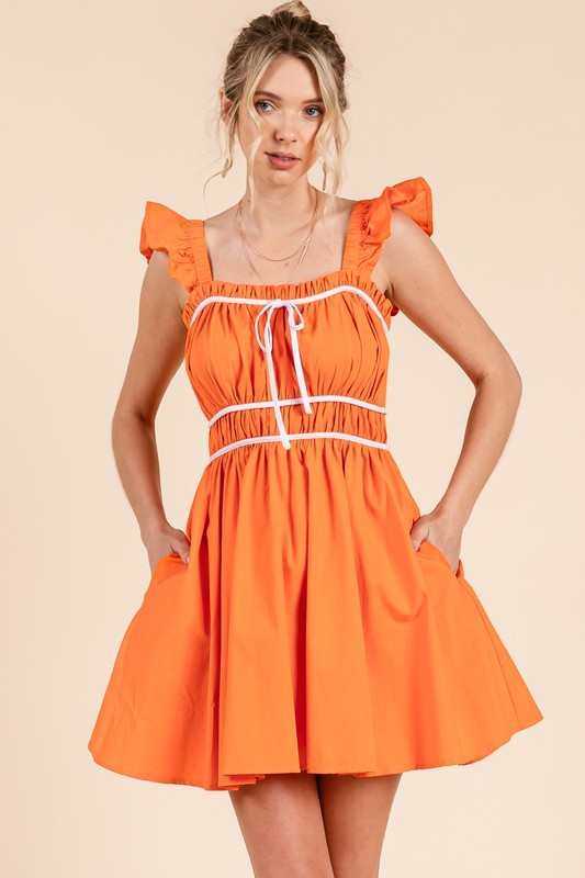 Gameday Orange Frill Shoulder Strap Mini Dress
