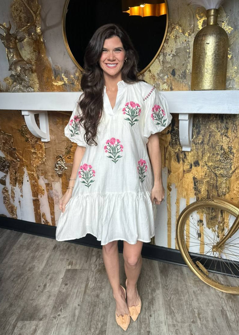 Cream Boho Floral Embroidered Mini Dress
