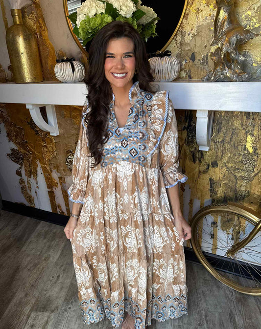 Taupe Ruffle Sleeve Midi Dress