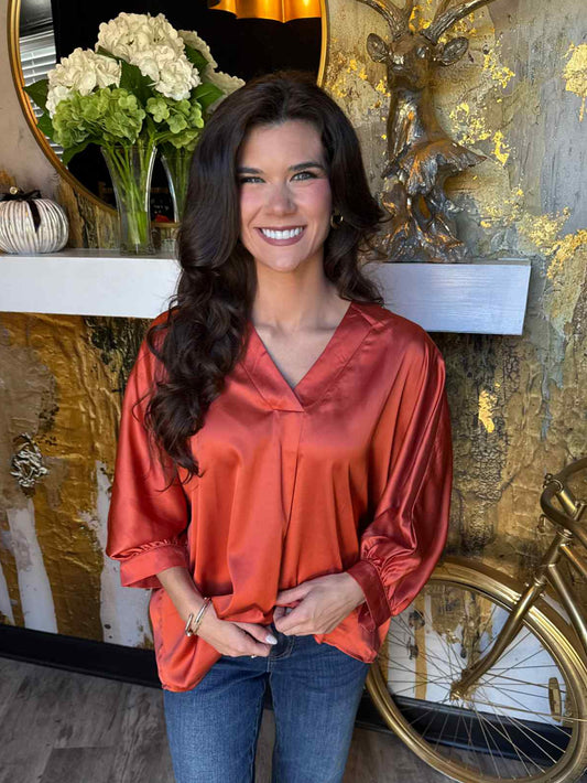 Rust Satin V-neck Loose Fit Blouse