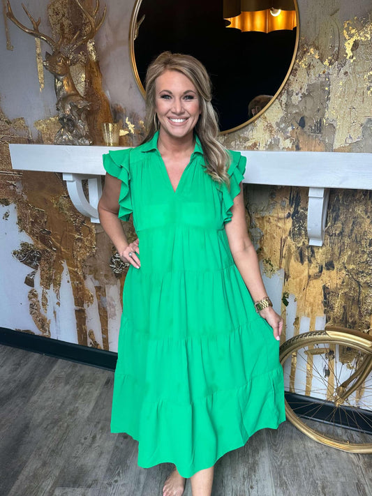 Kelly Green Solid Collared Midi Dress