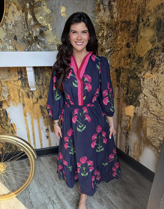 Navy Floral Midi Dress with Ruffle Trim and Elastic Waist