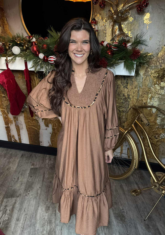 Brown Smock Dress Trimmed