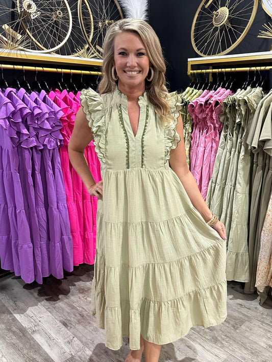 Sage Green Tiered  Scalloped Maxi Dress