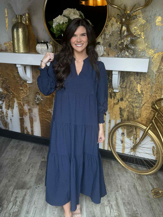 Navy Textured Tiered Midi Dress
