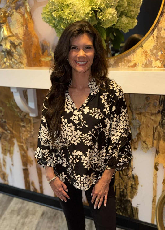 Black Cherry Blossom Print Scalloped Hem Blouse