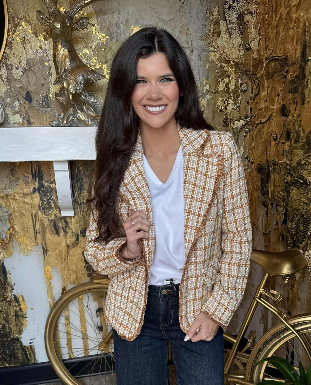 Gold Khaki Plaid Blazer With Frayed Edges