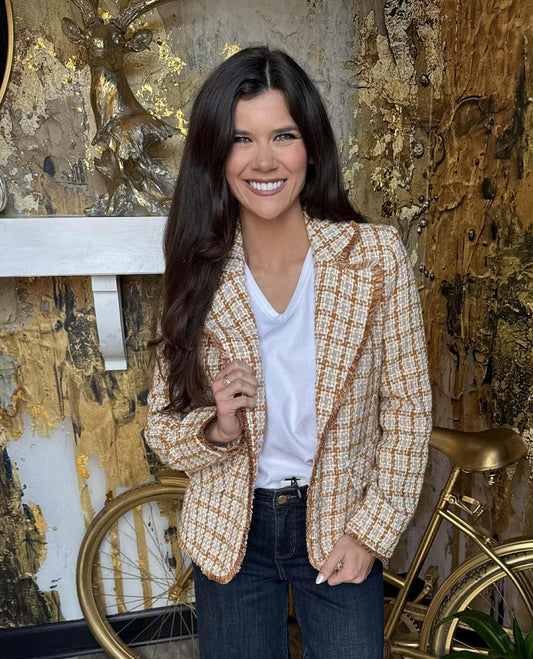 Gold Khaki Plaid Blazer With Frayed Edges