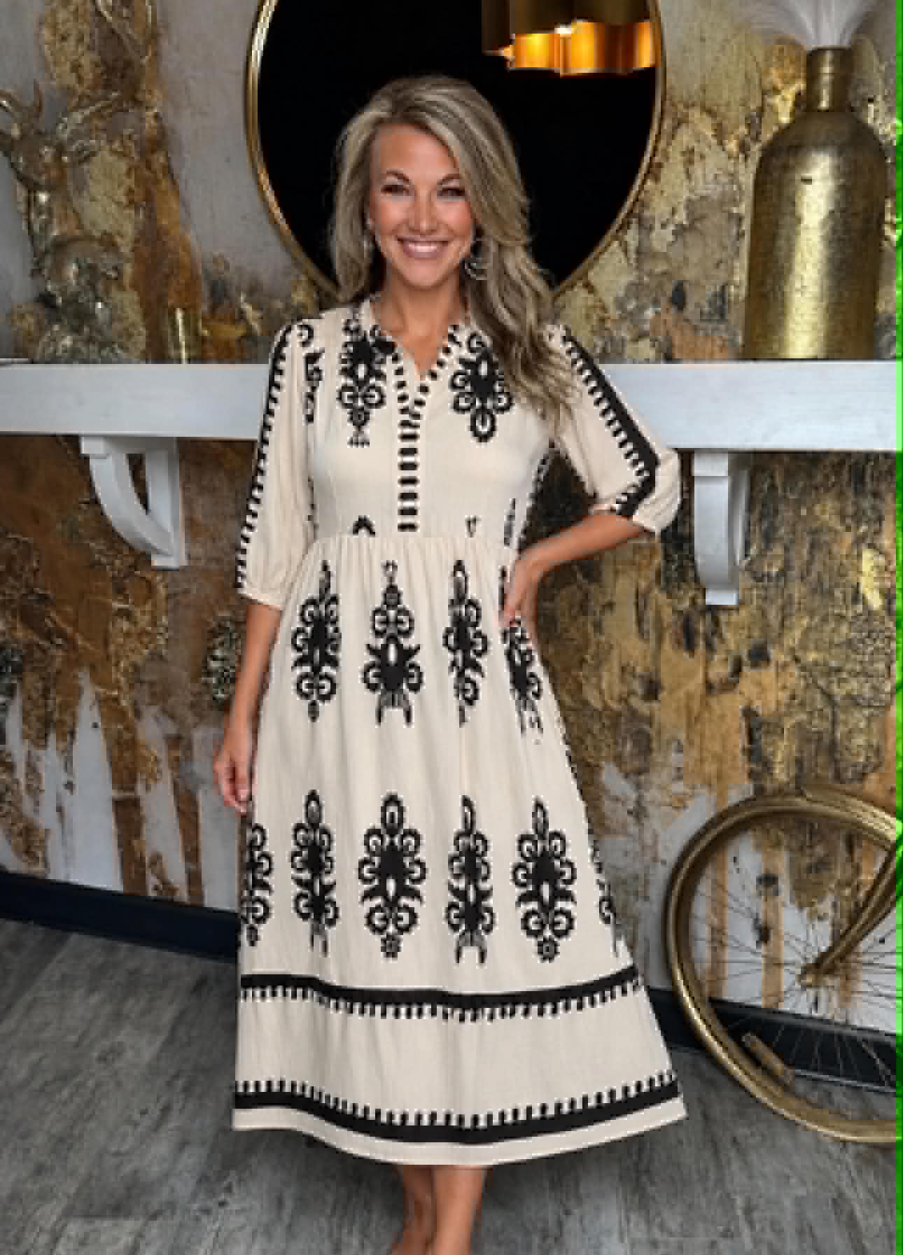 Cream Abstract Print Midi Dress