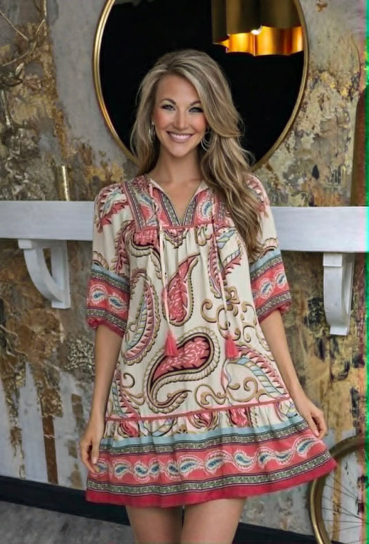 Pink Boho Paisley Tassel Tiered Dress