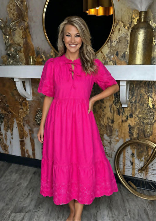 Fuchsia Embroidered Midi Dress