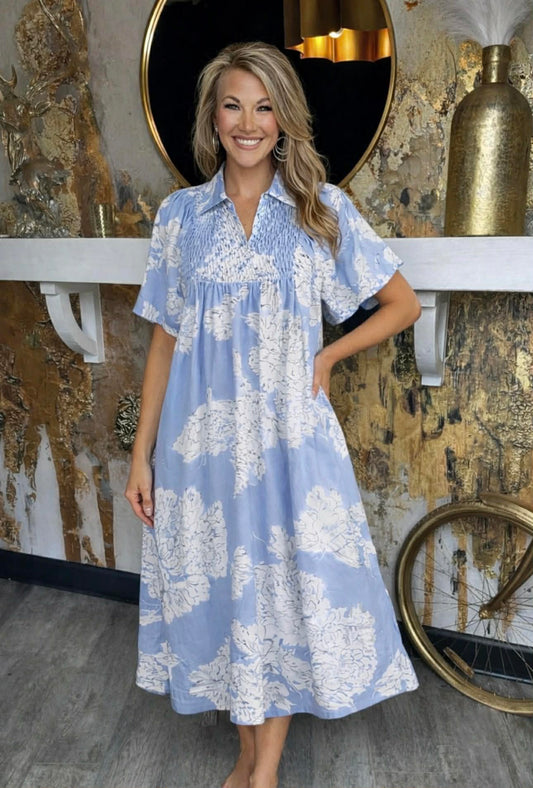 Misty Blue Mix Floral Print Short Puff Sleeve Midi Dress