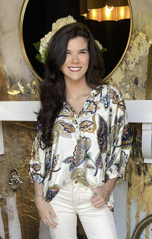 Cream Boho Paisley Puff Sleeve Blouse