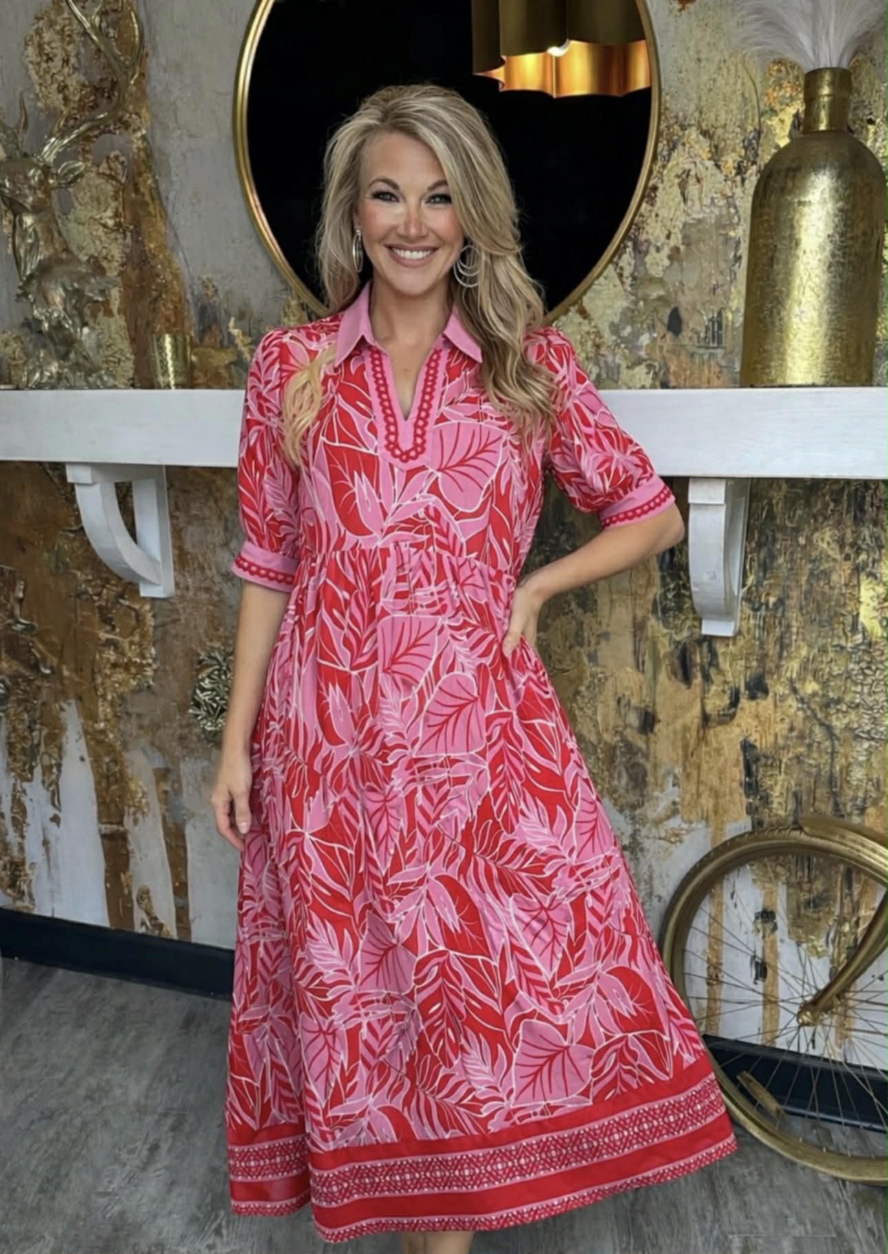 Red Leafy Border Print V-Neck Midi Dress