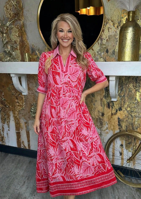 Red Leafy Border Print V-Neck Midi Dress