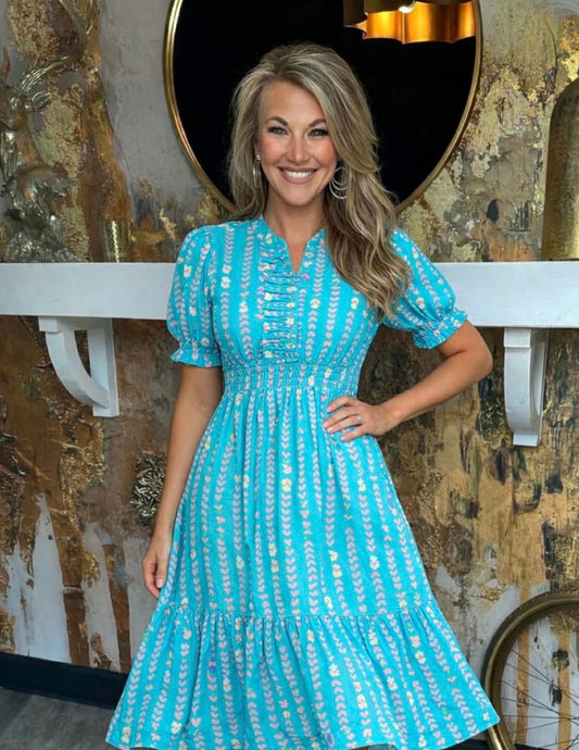 Mint Blue Vibrant Ruffle Smocked Midi Dress