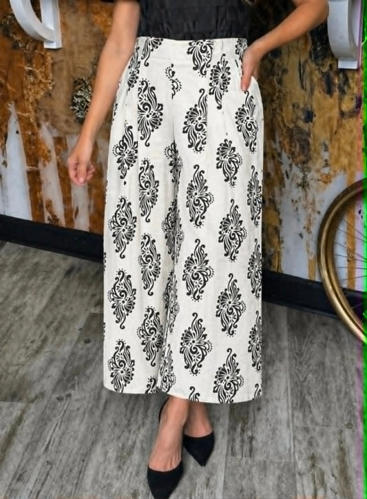 Off White Abstract Print Wide Leg Pants