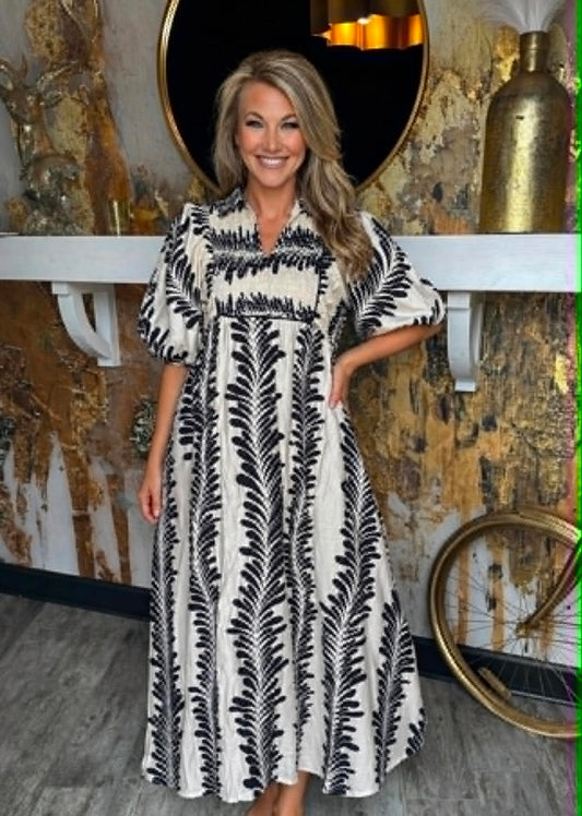 Cream & Black Printed Short Puff Sleeve Midi Dress