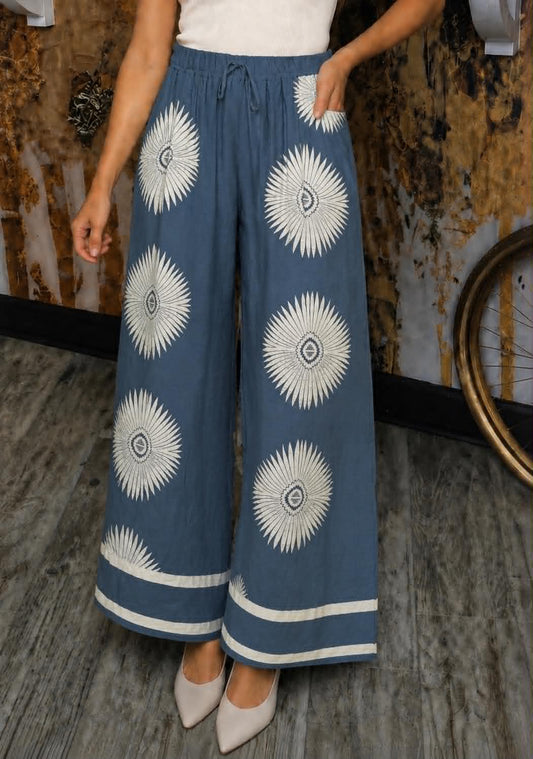 Denim Abstract Border Print Wide Leg Pants
