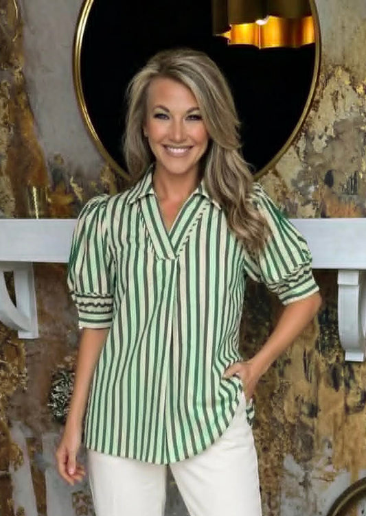 Green Striped Puff Sleeve Blouse
