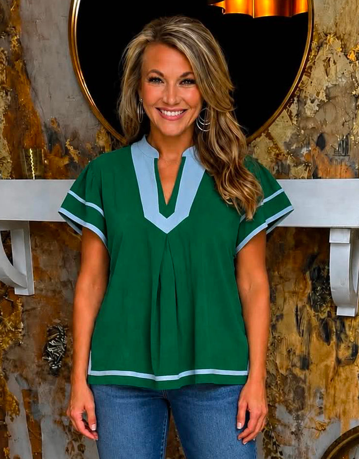 Green and Blue Linen Ruffle Sleeve Top