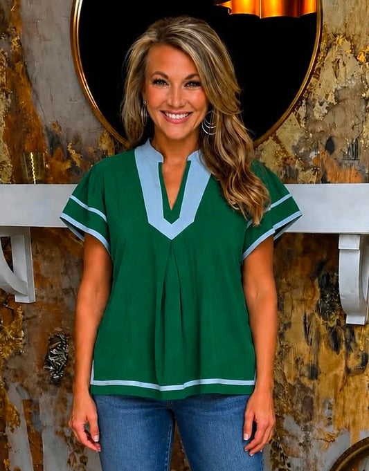 Green and Blue Linen Ruffle Sleeve Top