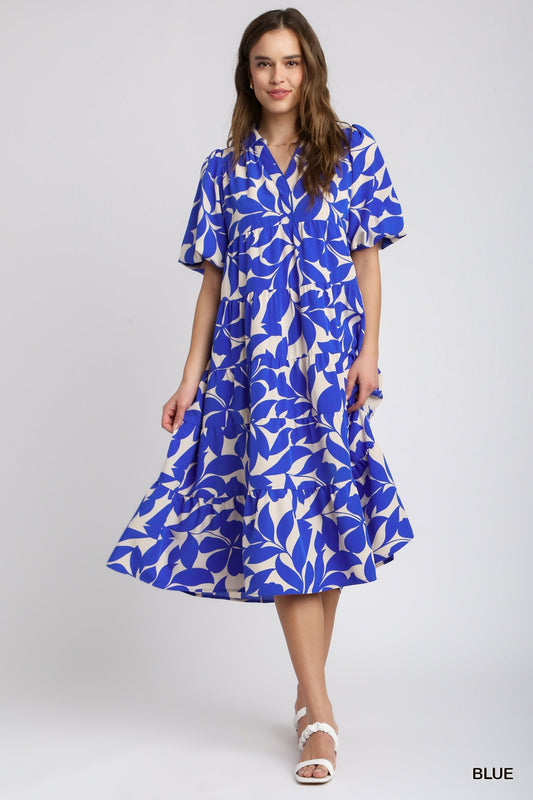 Two Tone Floral Print Collared A-Line Tiered Puff Sleeves Midi Dress