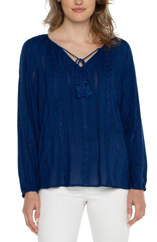 Embroidered Shirred Blouse With Neck Ties