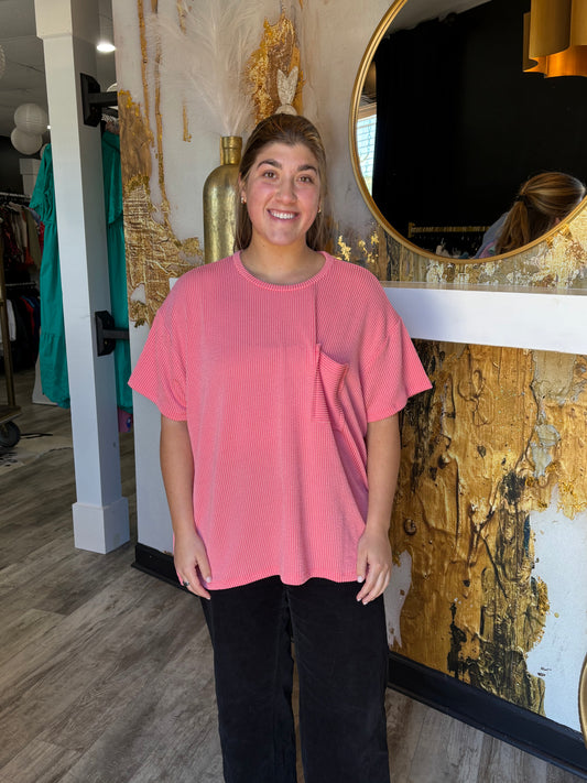 Plus Size Coral Corded Rib Short Sleeve Top