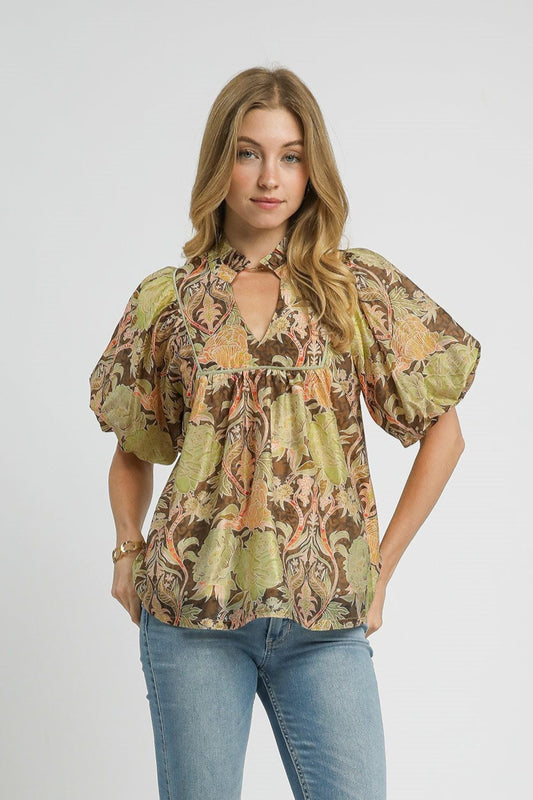 Brown Mix Floral Puff Sleeve Peasant Blouse