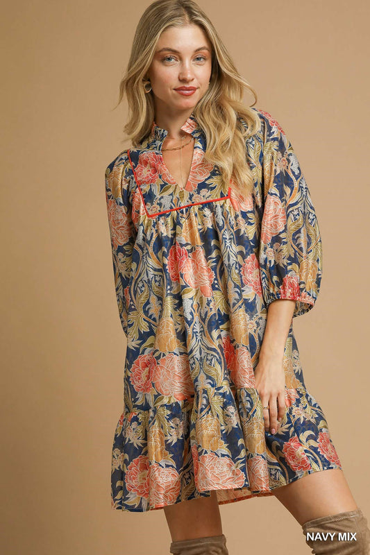 Navy Abstract Print Puff Sleeve Mini Dress