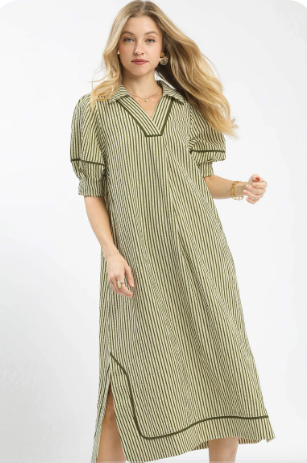 Olive Striped Midi Dress with Puff Sleeves
