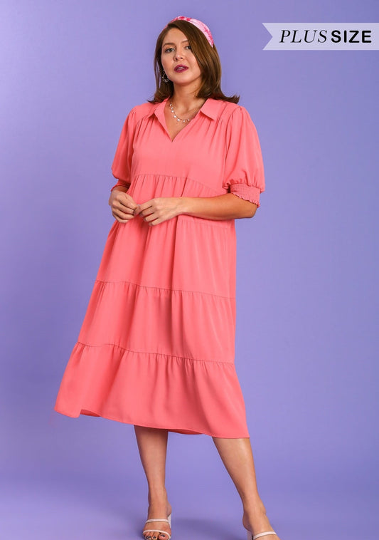 Plus Coral Pink Collared Tiered Maxi Dress