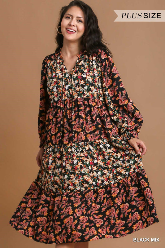 Plus Ruffle V-Neck Mixed Print Tiered Midi Dress