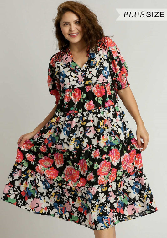 Plus Floral Mixed Print Dress In Black