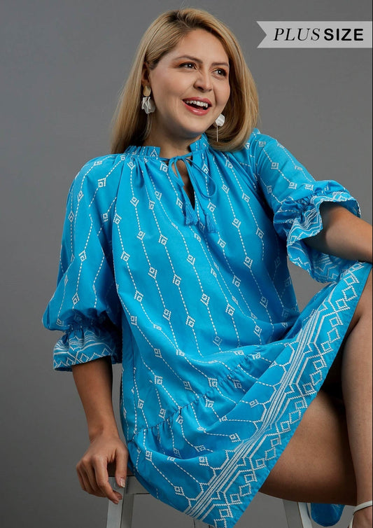 Azure Embroidery Short A-Line Dress