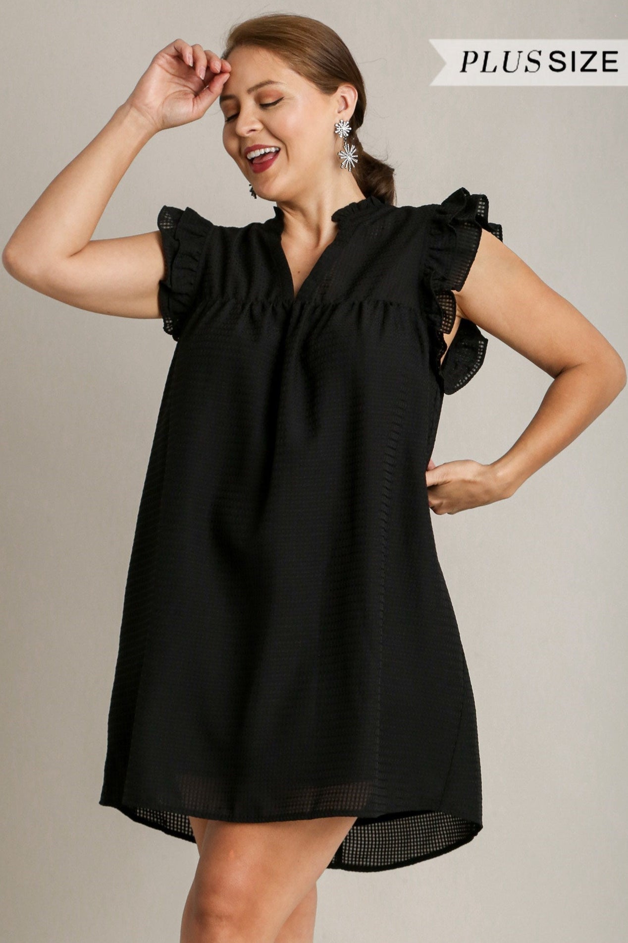 Plus Black Layered Ruffle Sleeve Split Neck Dress