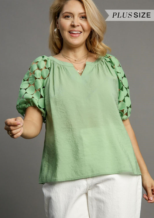 Sage Split Neck Bubble Sleeve Top