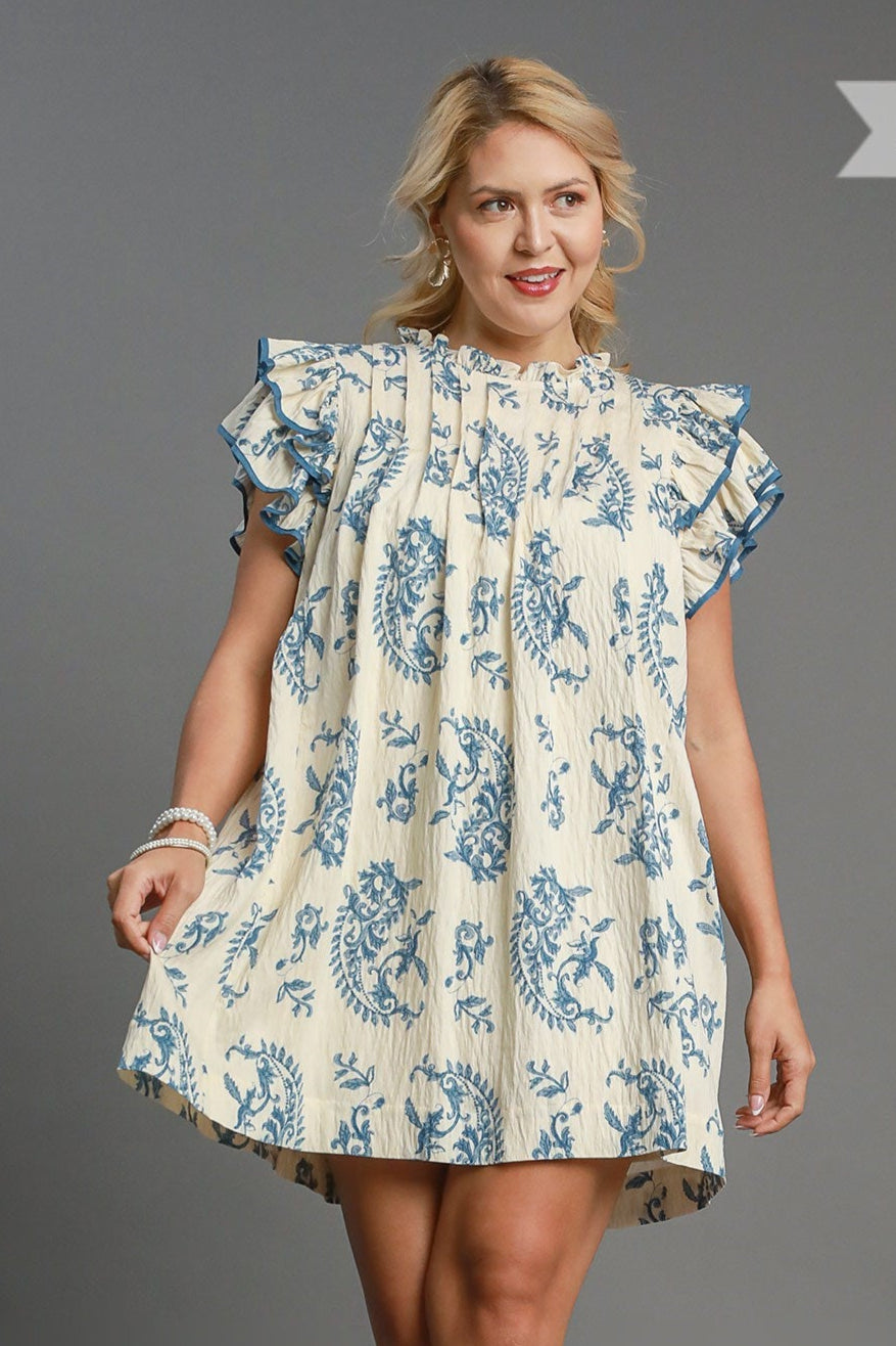 Plus Blue Mix Paisley Print Tiered Mini Dress