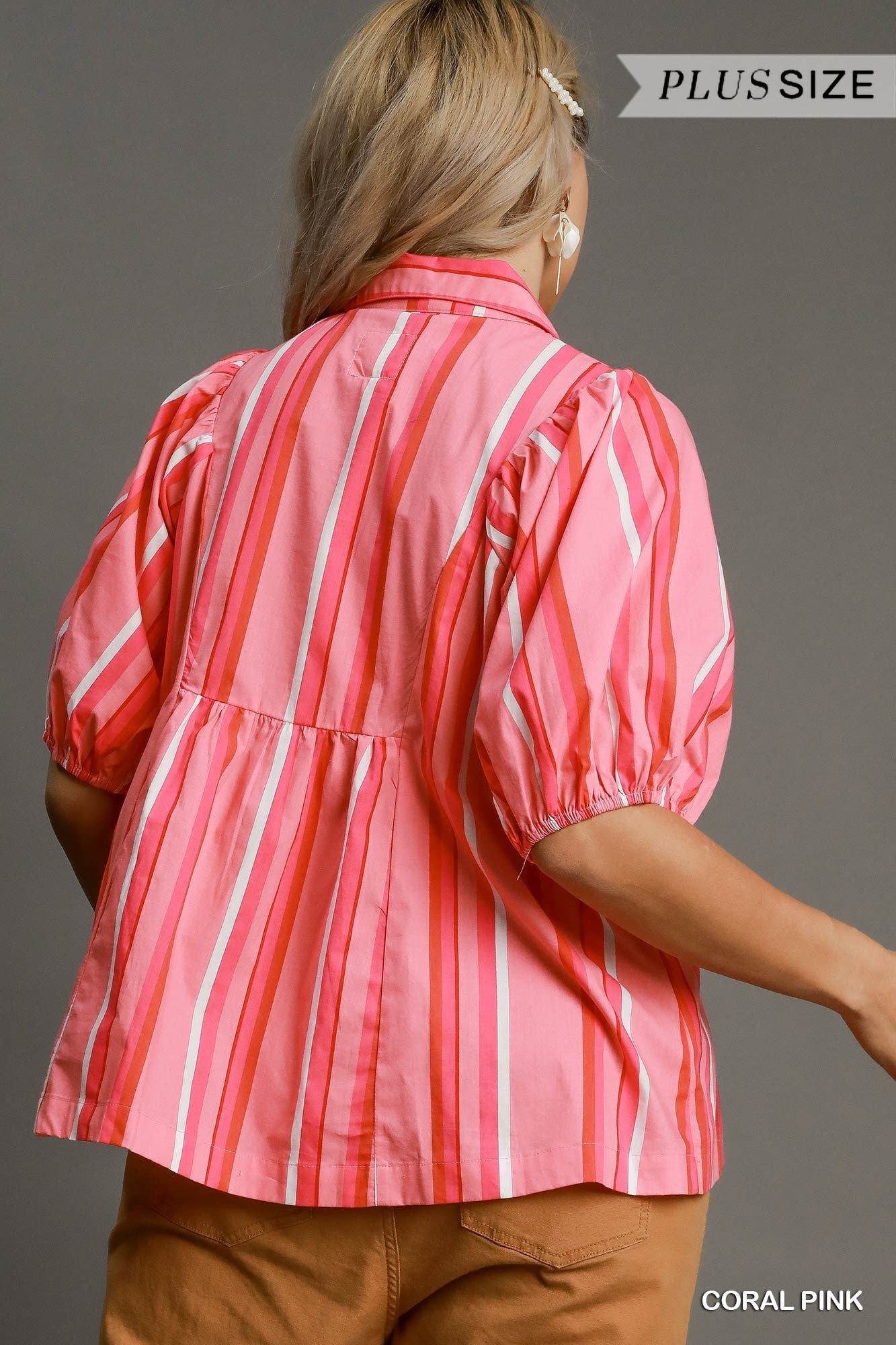 Plus Coral Striped Smocked Blouse
