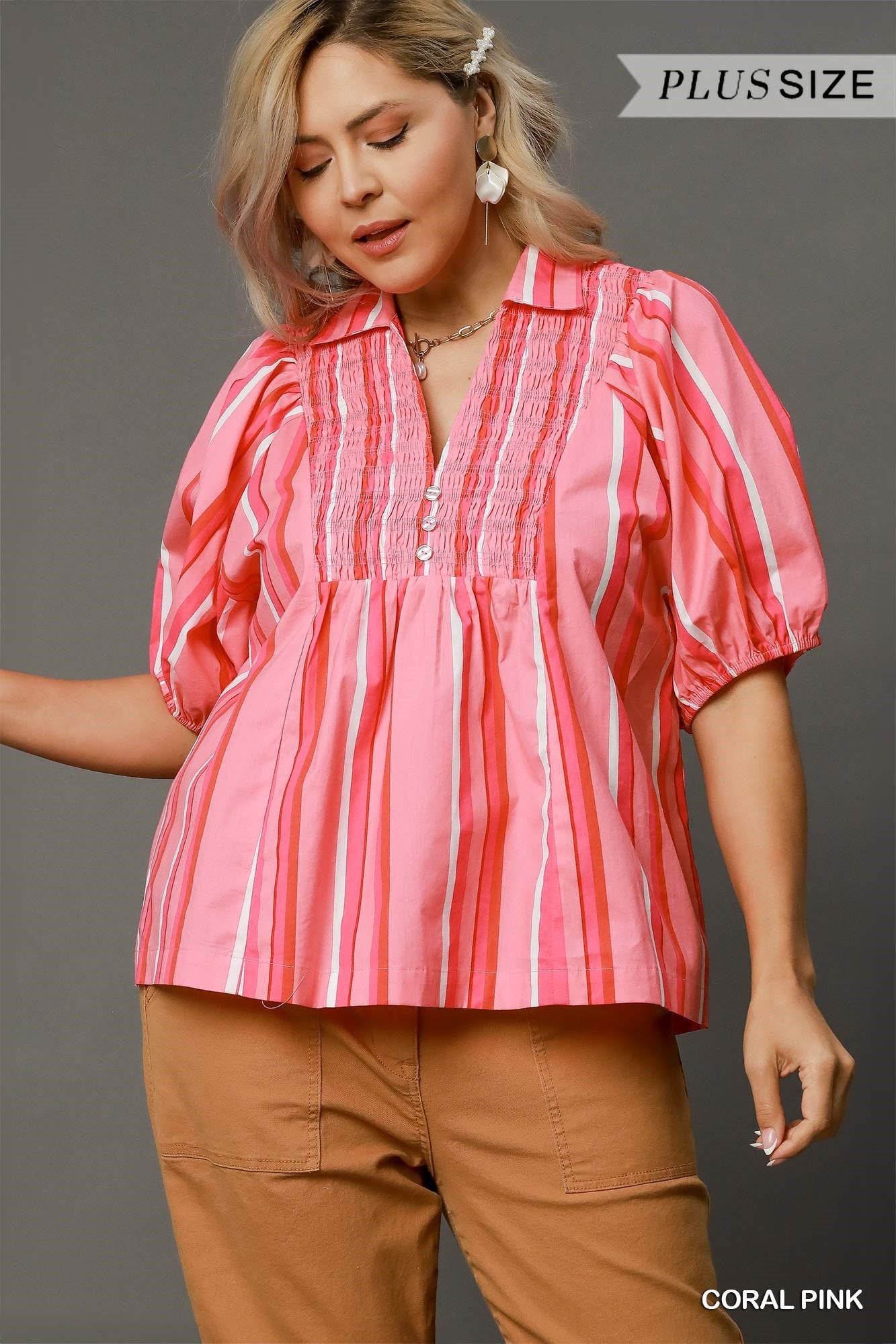 Plus Coral Striped Smocked Blouse