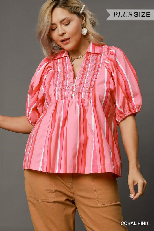 Plus Coral Striped Smocked Blouse