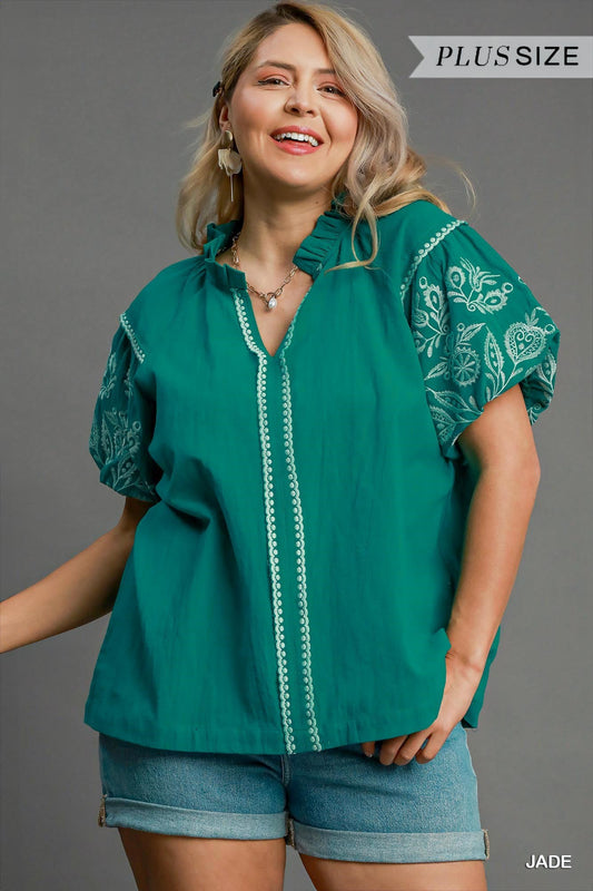 Plus Jade Embroidered Puff Sleeve Blouse