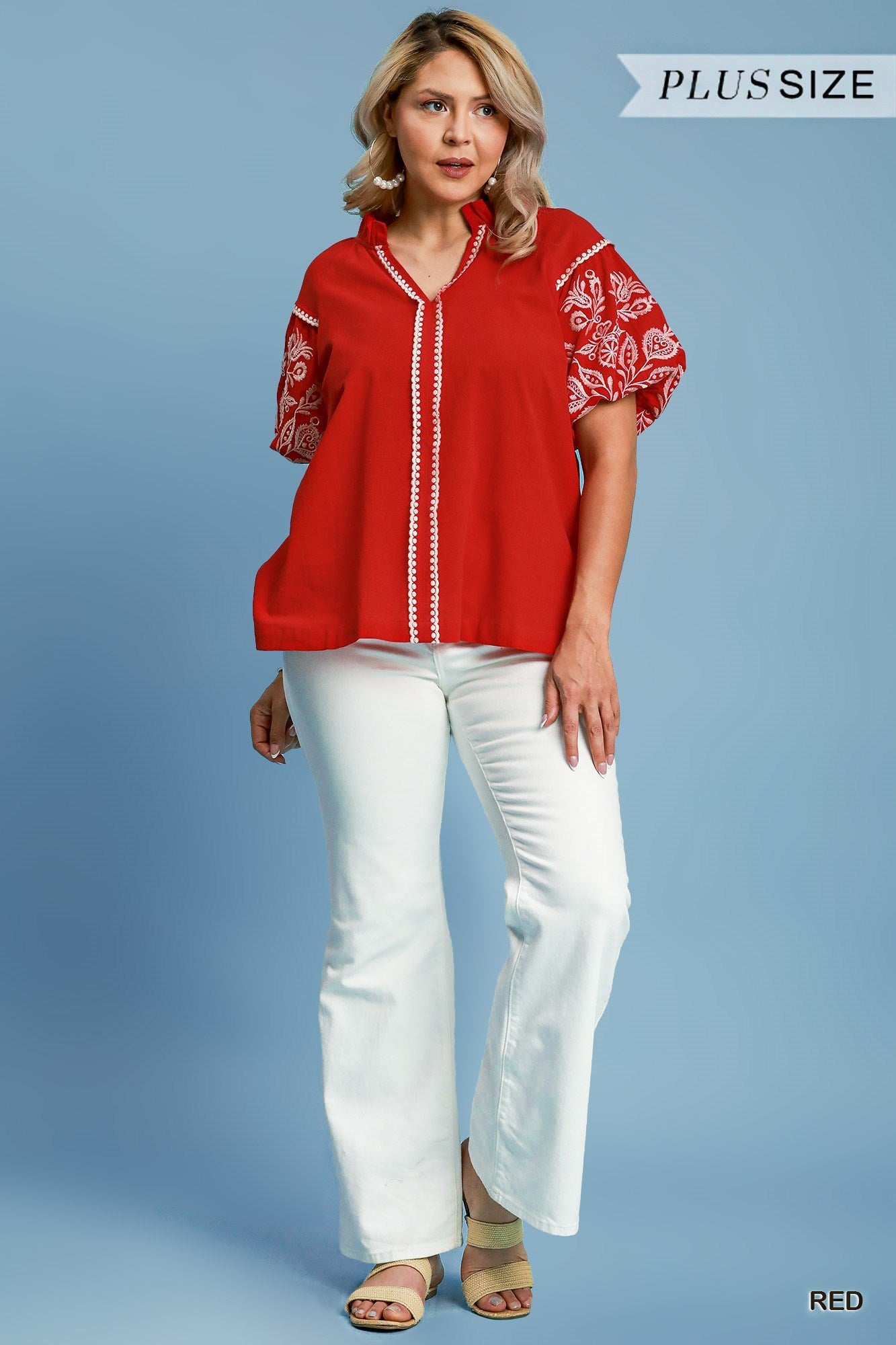 Plus Red Embroidered Puff Sleeve Blouse